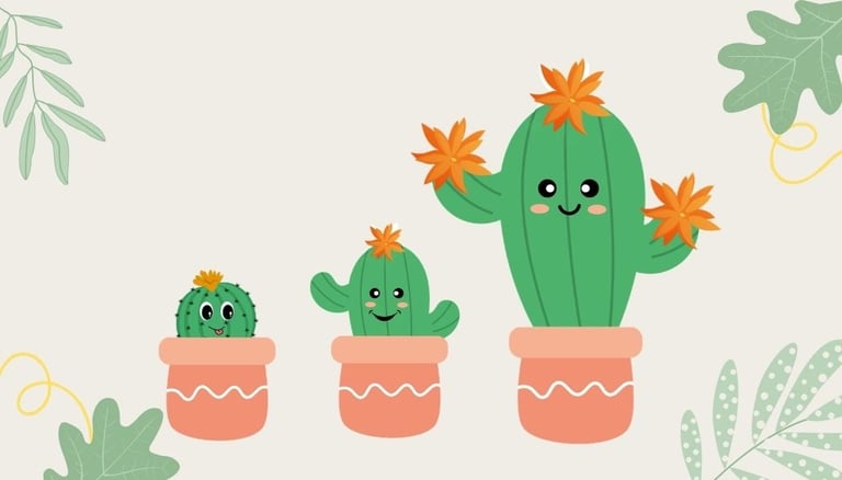 Three smiling cartoon cacti with orange flowers in terracotta pots, surrounded by decorative green plant leaves on a beige background